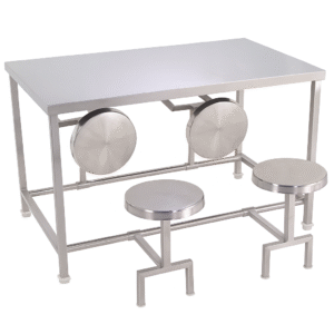 Stainless Steel 4-Seater Canteen Table with Round Fixed Seats – School Dining Table