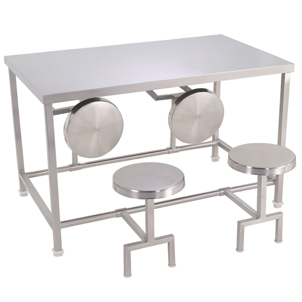 Stainless Steel 4-Seater Canteen Table with Round Fixed Seats – School Dining Table