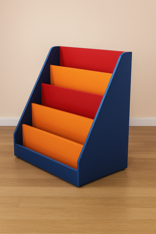 Tiered Library Book Display Rack with Colorful Panels
