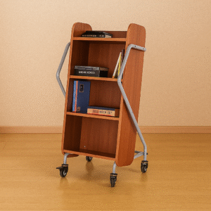 Mobile Library Book Trolley with Slanted Shelves and Metal Frame