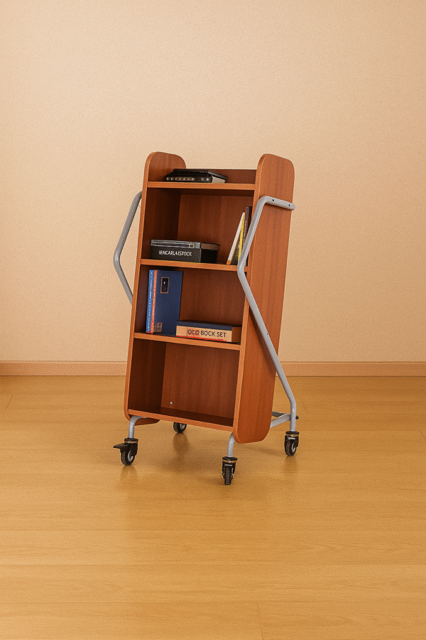 Mobile Library Book Trolley with Slanted Shelves and Metal Frame