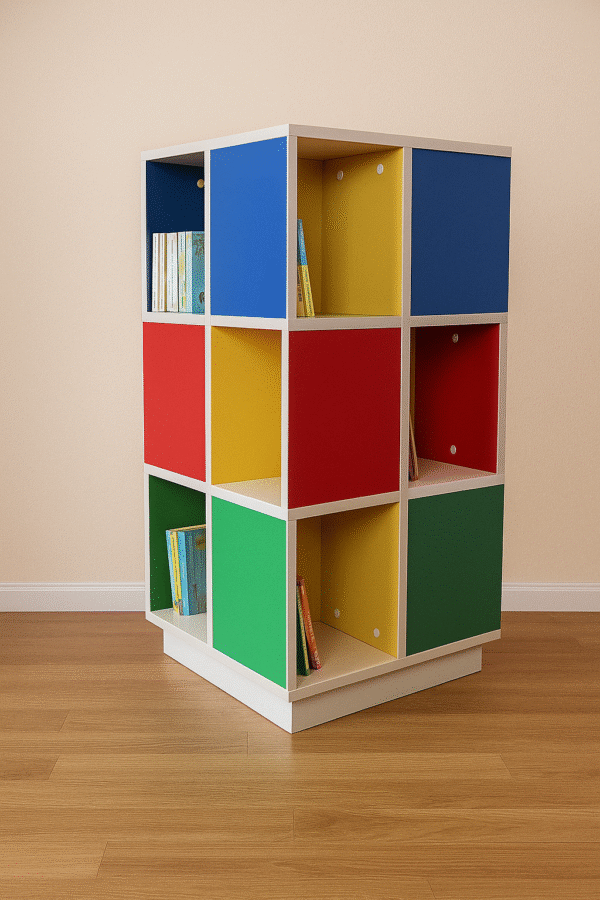Multi-Colored Rotating Cube Library Display Shelf