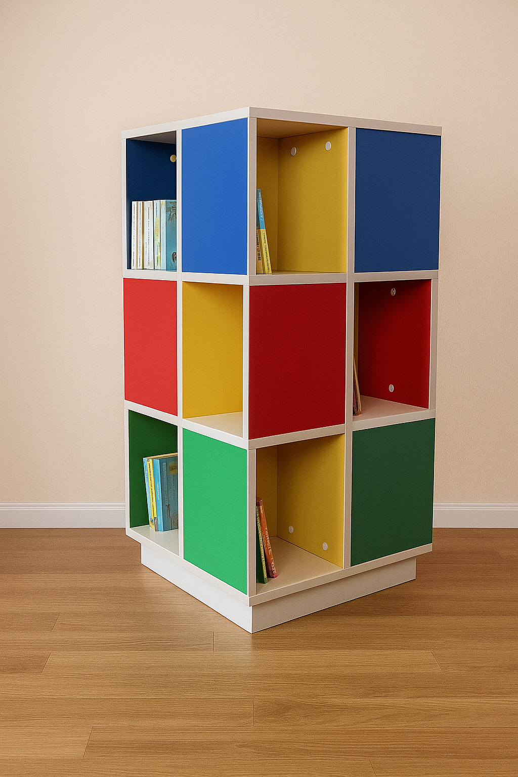 Multi-Colored Rotating Cube Library Display Shelf
