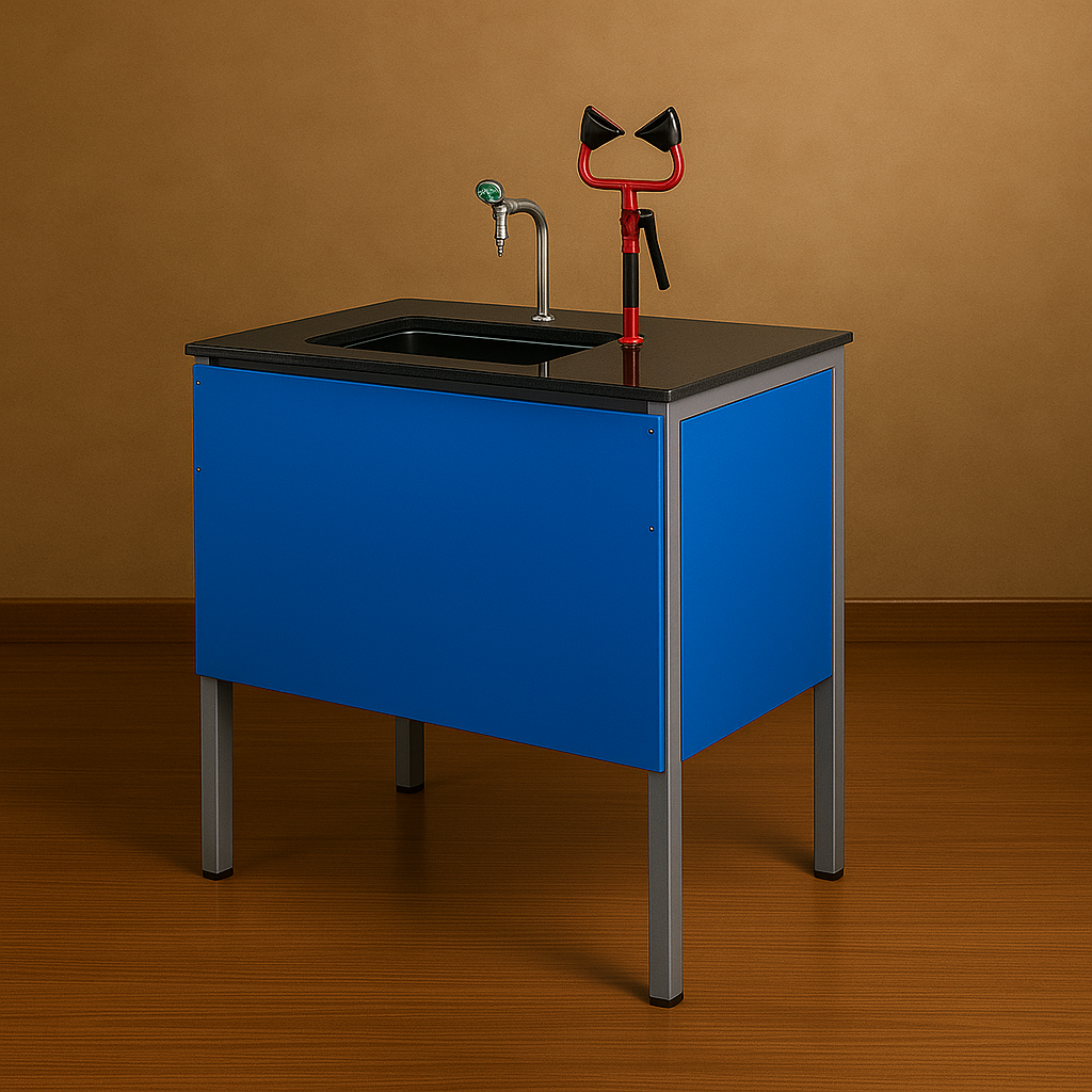 Laboratory Sink Unit with Eyewash Station and Blue Panel Enclosure