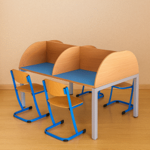 Library Study Carrel Table with Divider Panels and Matching Chairs