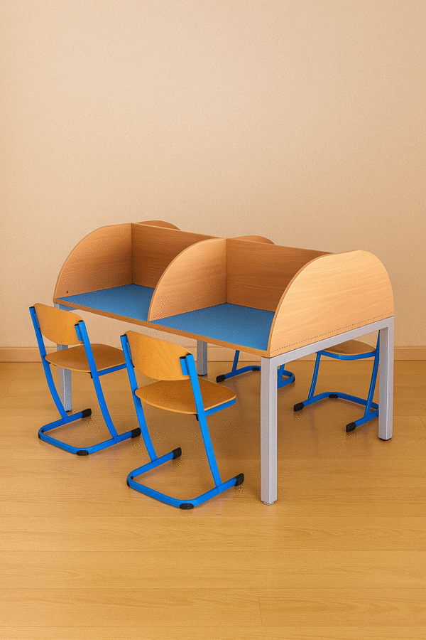 Library Study Carrel Table with Divider Panels and Matching Chairs
