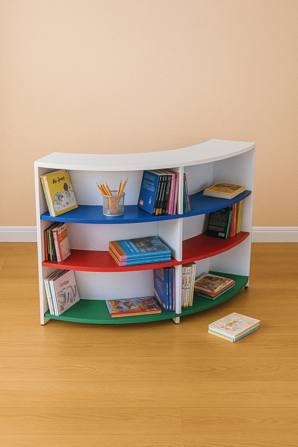 Curved Multi-Tier Library Bookshelf with Colorful Shelves