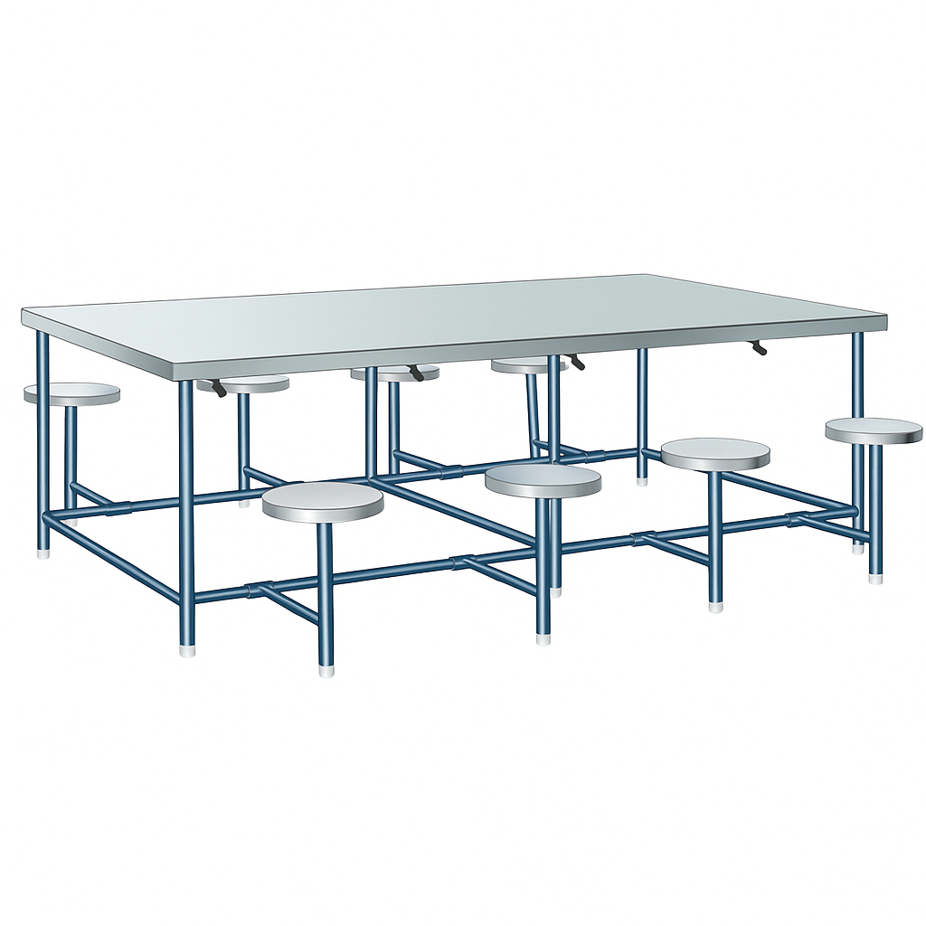 Stainless Steel 8-Seater Canteen Table with Round Fixed Seats – School Dining Furniture