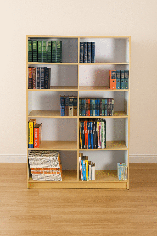 Tall Wooden Library Bookshelf with Open Compartments